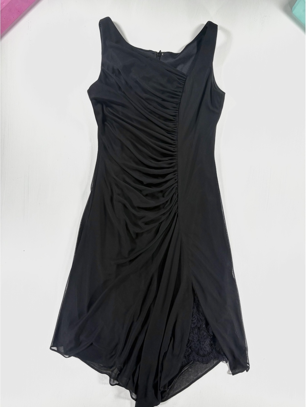 Vintage 90s Patra Ruched Draped Cascade Mesh Cocktail Little Black Dress